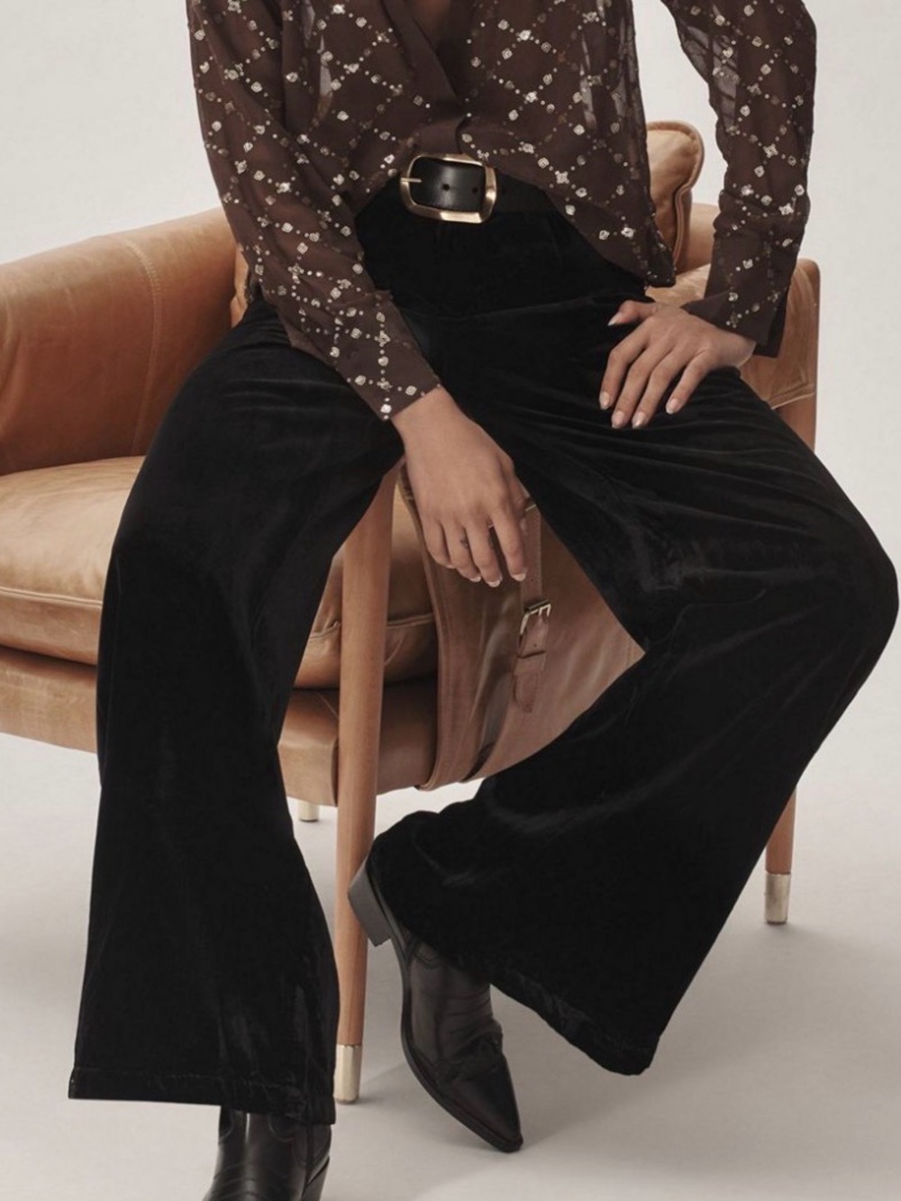 Anthropologie Black Wide-Leg Velvet Pants